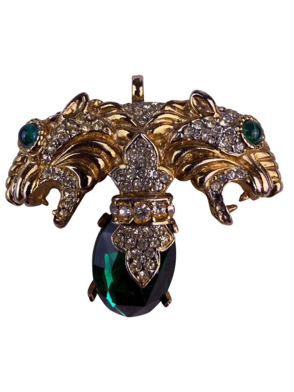 Vintage Gold Tone Brooch Green Crystal Two Lion Heads Rhinestone Accents
